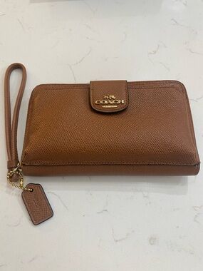 Coach Cognac Brown Leather Wristlet Wallet with Gold Logo